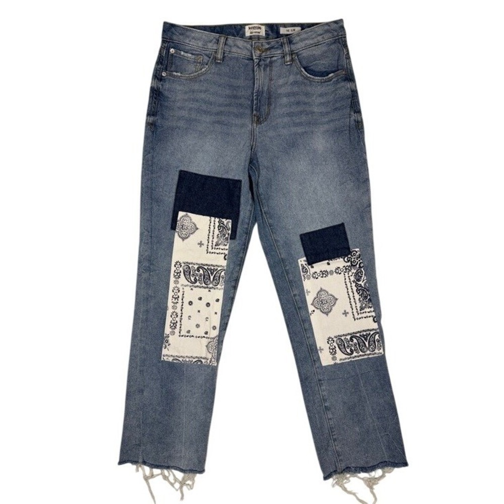 Kensie Jeans The Slim True Vintage Patchwork Paisley Bandana Denim Blue 4/27